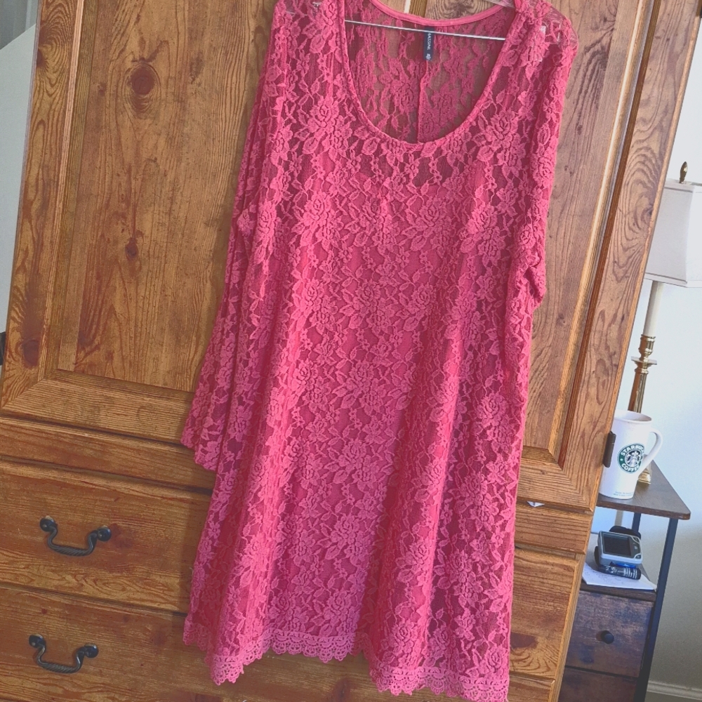 Massini Rose Pink Lace Dress With Built In Slip Dress 2x